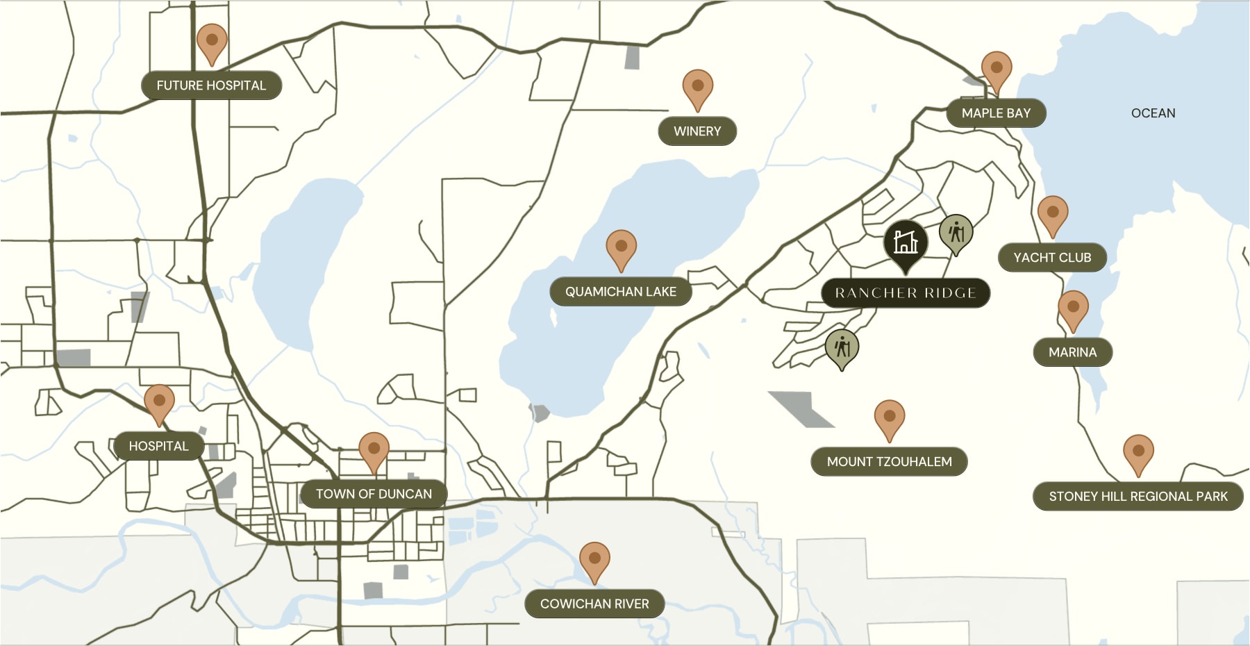 Map of Duncan to Maple Bay, with indicators showing Rancher Ridge relative to nearby landmarks